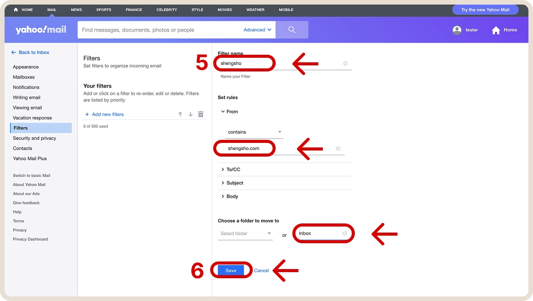 Yahoo Mail Filter Settings